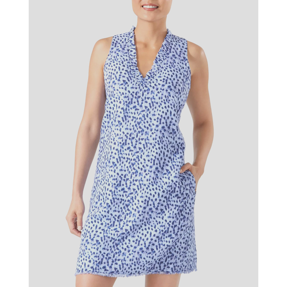 Tommy Bahama Lagoon Leopard Linen Dress Size Medium Blue Pockets Beach Vacation - Picture 3 of 12